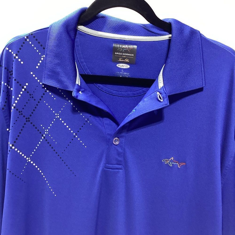 Greg Norman For Tasso Elba Blue Polo Golf Shirt Shark Logo